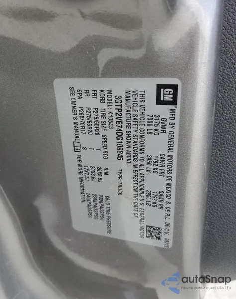 2013 GMC Sierra K1500 Sle z USA, uszkodzony, nr VIN 3GTP2VE74DG108845